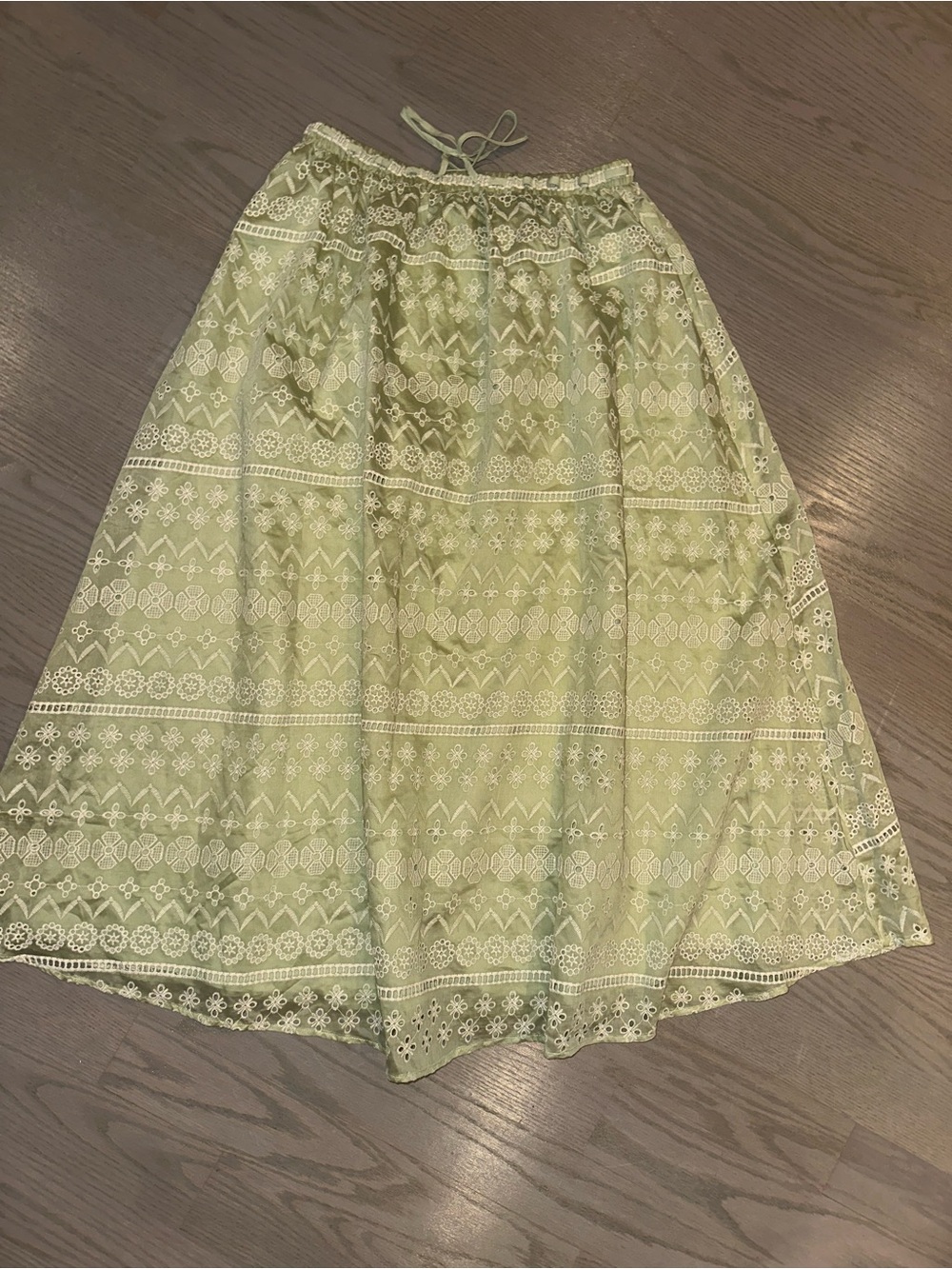 Moon River Light Green Lace-Trim A-Line Midi Skirt